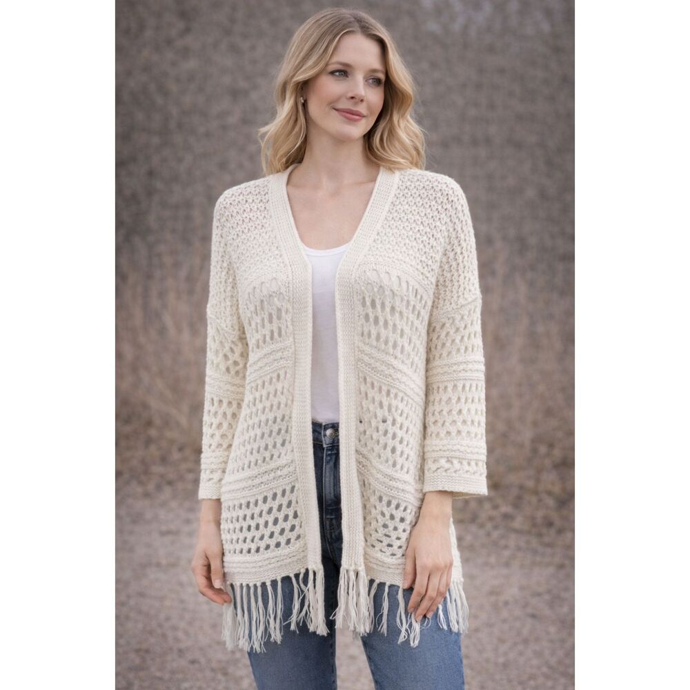 Premise Fringed Open Front Ivory 3/4 Sleeve Sweater L